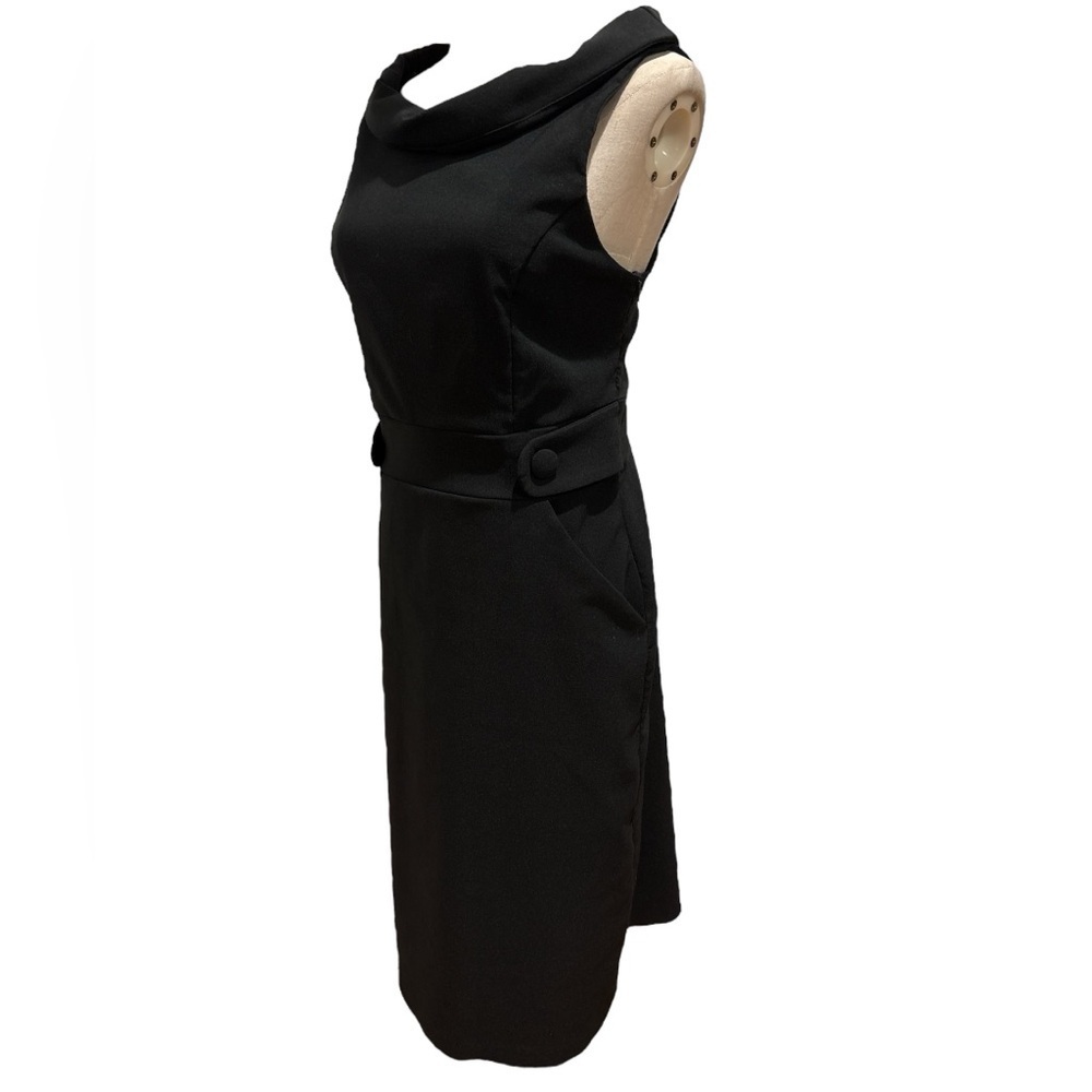 90s INTRIQUE BLACK SLEEVELESS FITTED SHEATH MIDI DRESS W SCOOP COWL NECK  SZ 10 - Picture 4 of 7